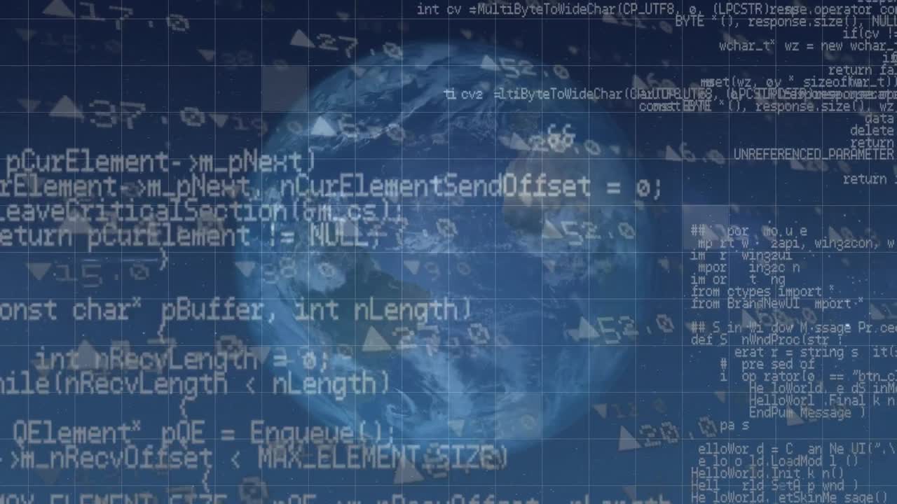 파란색 배경에 전 세계에 대한 데이터 처리 애니메이션