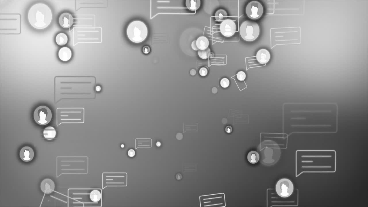 Animation of media icons and speech bubbles on gray background