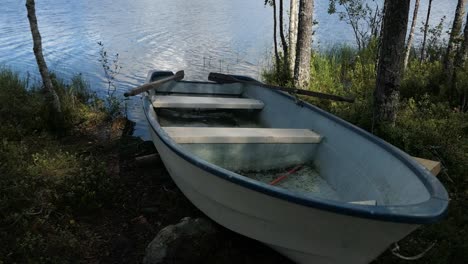 Rowing-boat-on-shore-by-lake,-national-park,-Finland