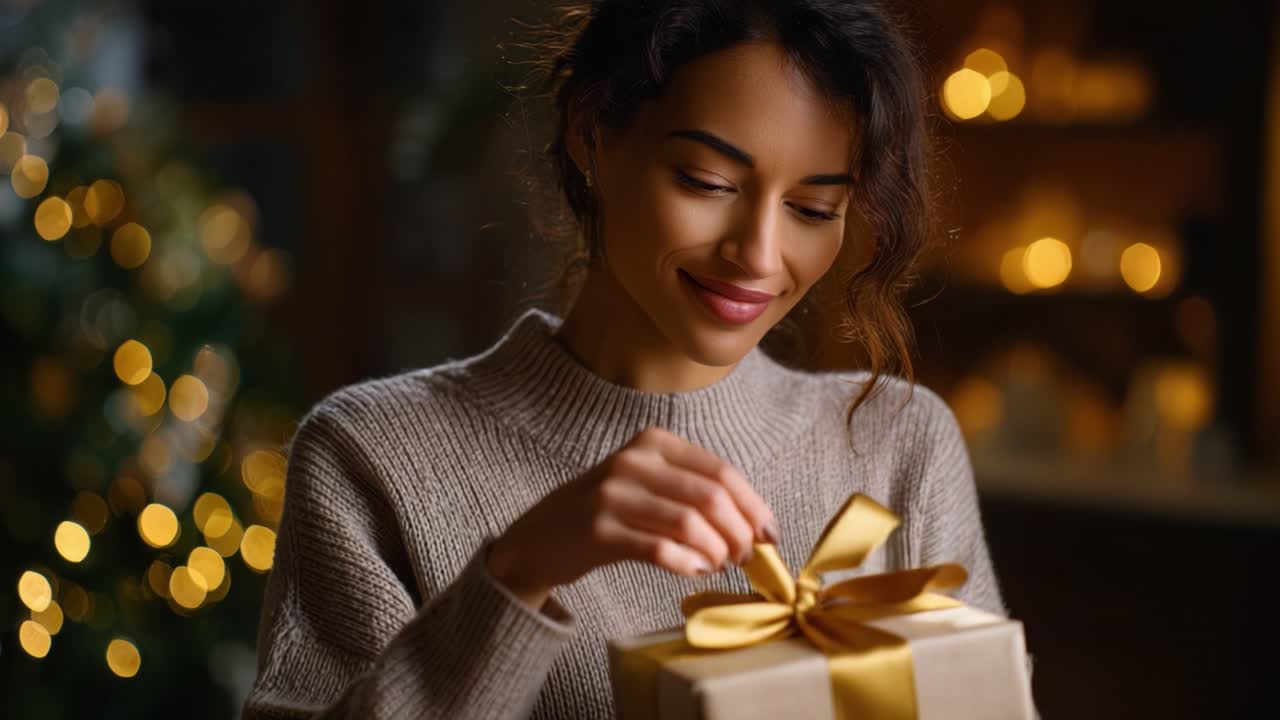 Una donna scarta con gioia un regalo splendidamente incartato e adornato con un nastro dorato, illuminando il suo viso di eccitazione in un accogliente sfondo festivo.