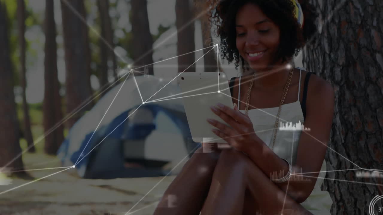 Reading tablet, woman surrounded by network connections animation in outdoor setting
