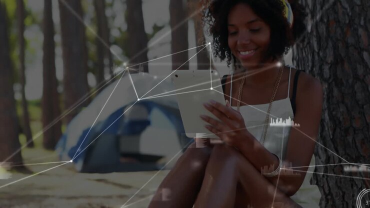 Reading tablet, woman surrounded by network connections animation in outdoor setting