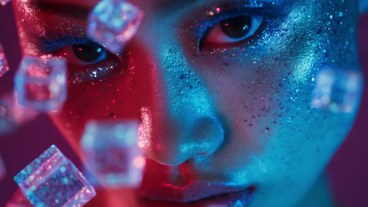 A mesmerizing close-up of a person with striking glittery makeup and colorful lighting that creates an ethereal atmosphere, showcasing stunning facial features surrounded by floating ice cubes in a vibrant setting