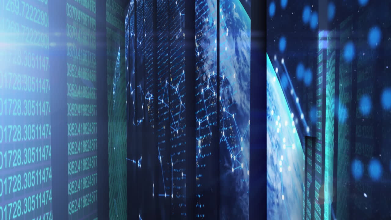 animazione di forme in movimento e elaborazione dei dati su sfondo nero