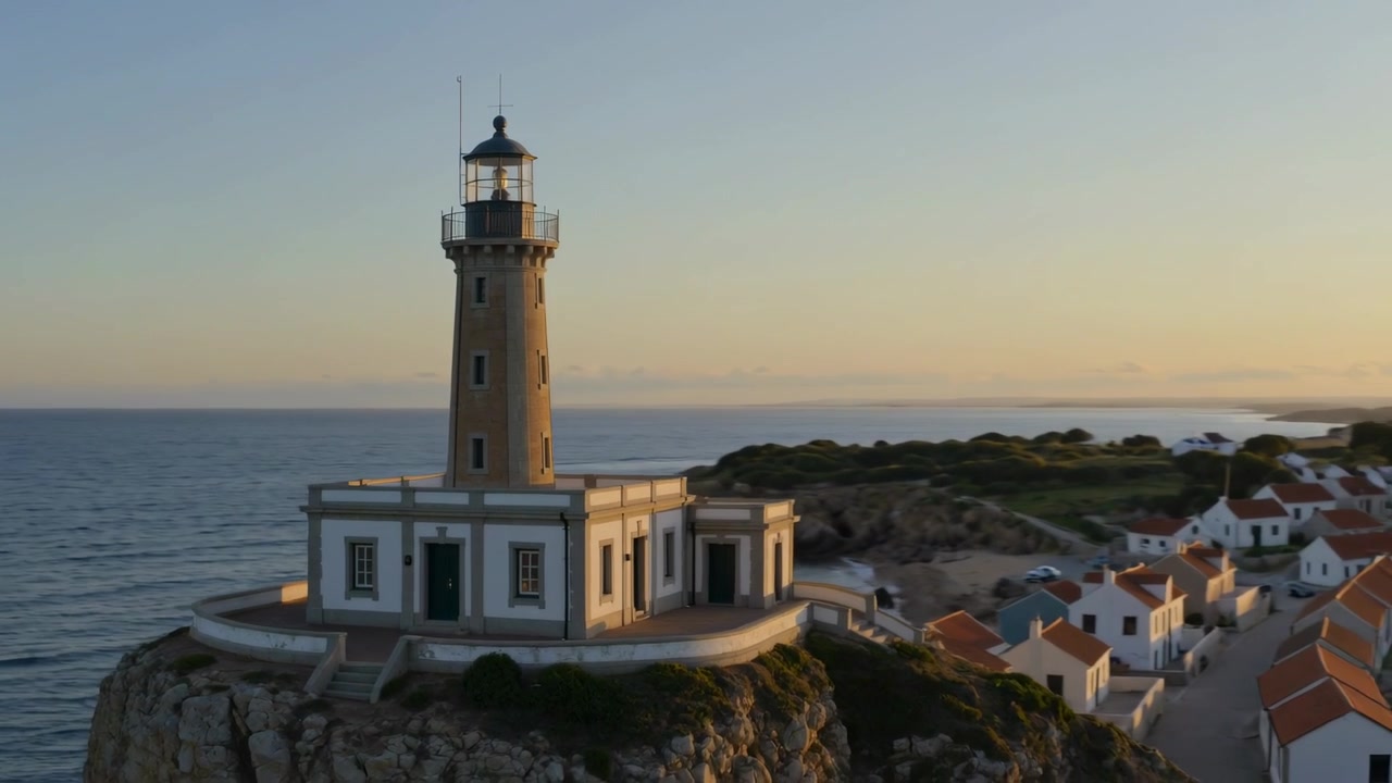 Telecamera drone in panoramica che rivela un faro su una scogliera al tramonto, mostrando tetti rossi e barche ormeggiate.