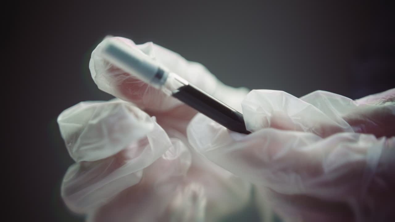 Gloved hands prepare the syringe for injection