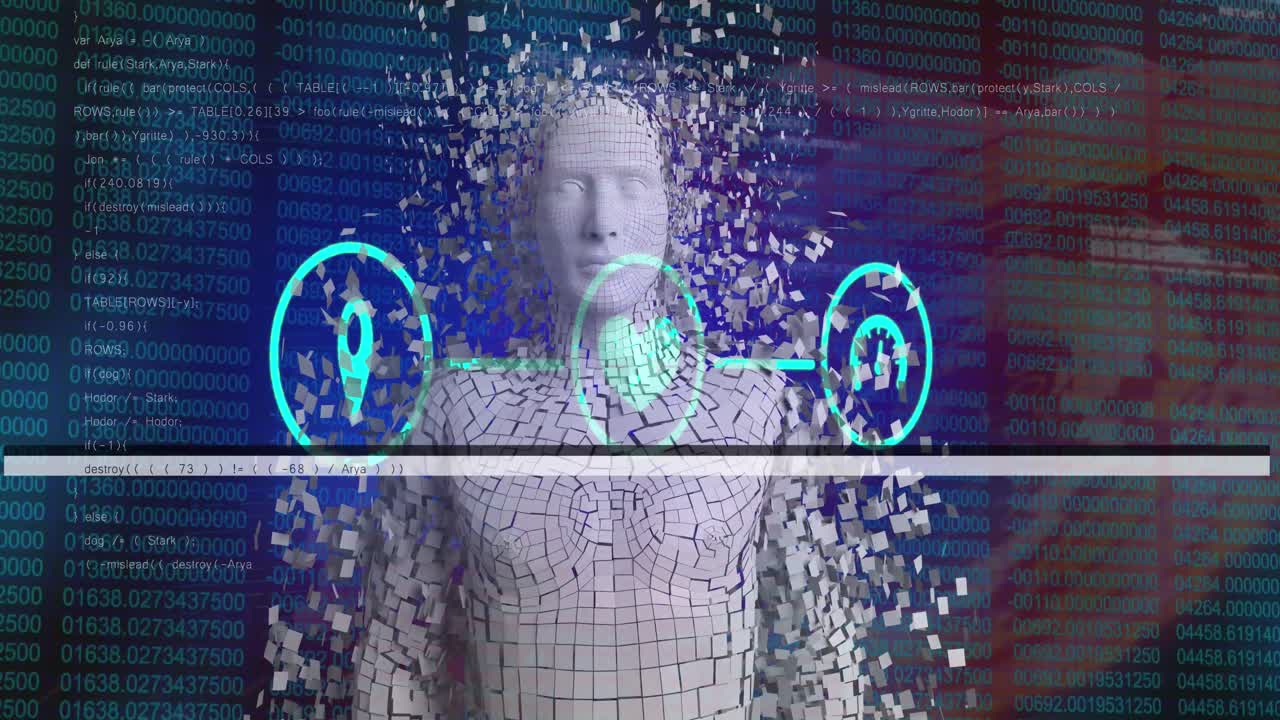 검은색 배경에 아이콘과 디지털 인간 형상으로 데이터 처리의 애니메이션