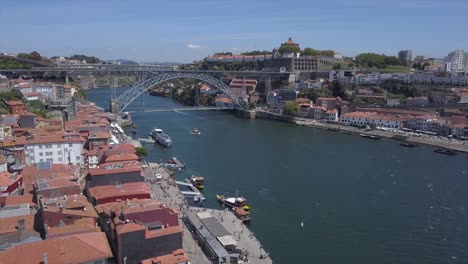 portugal sunny day porto city famous dom luis douro river bridge aerial panorama 4k