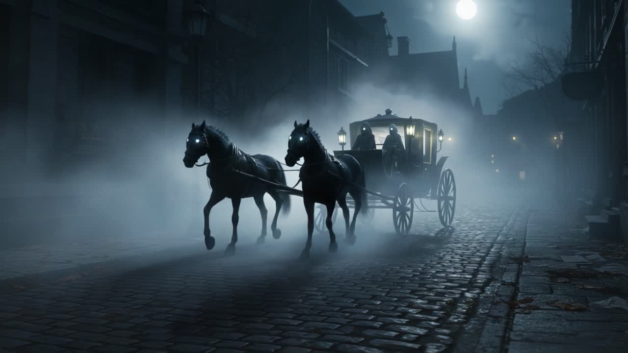 Mysterious Carriage in the Fog: A Haunting Scene with Two Dark Horses Under the Moonlight on a Cobblestone Street
