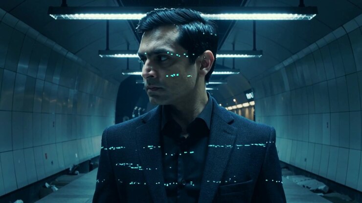 Digital flicker appearing, man wearing dark suit turning head and scanning side in subway corridor