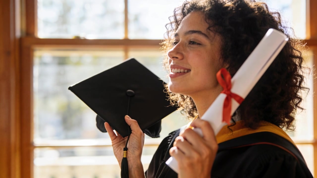 Celebrating graduation milestone, graduate holding mortarboard, diploma by window, wearing gown