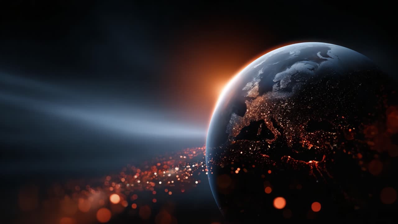 Een prachtige reis door de ruimte waarin de aarde wordt vastgelegd, gehuld in een donkere atmosfeer met oplichtende deeltjes die rond het oppervlak glinsteren