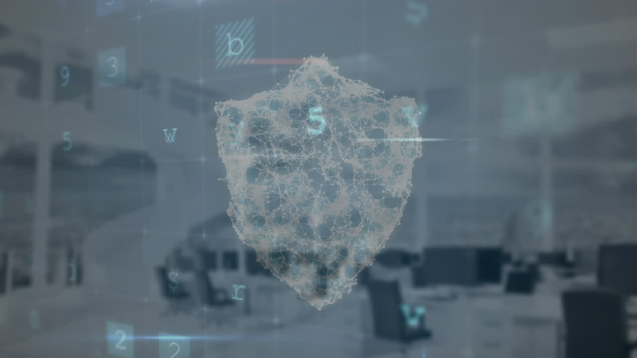animación del procesamiento de datos de seguridad cibernética y el icono del candado de seguridad contra la oficina vacía.