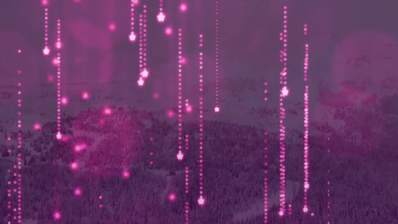 Animation of purple glowing lights falling with winter scenery in the background