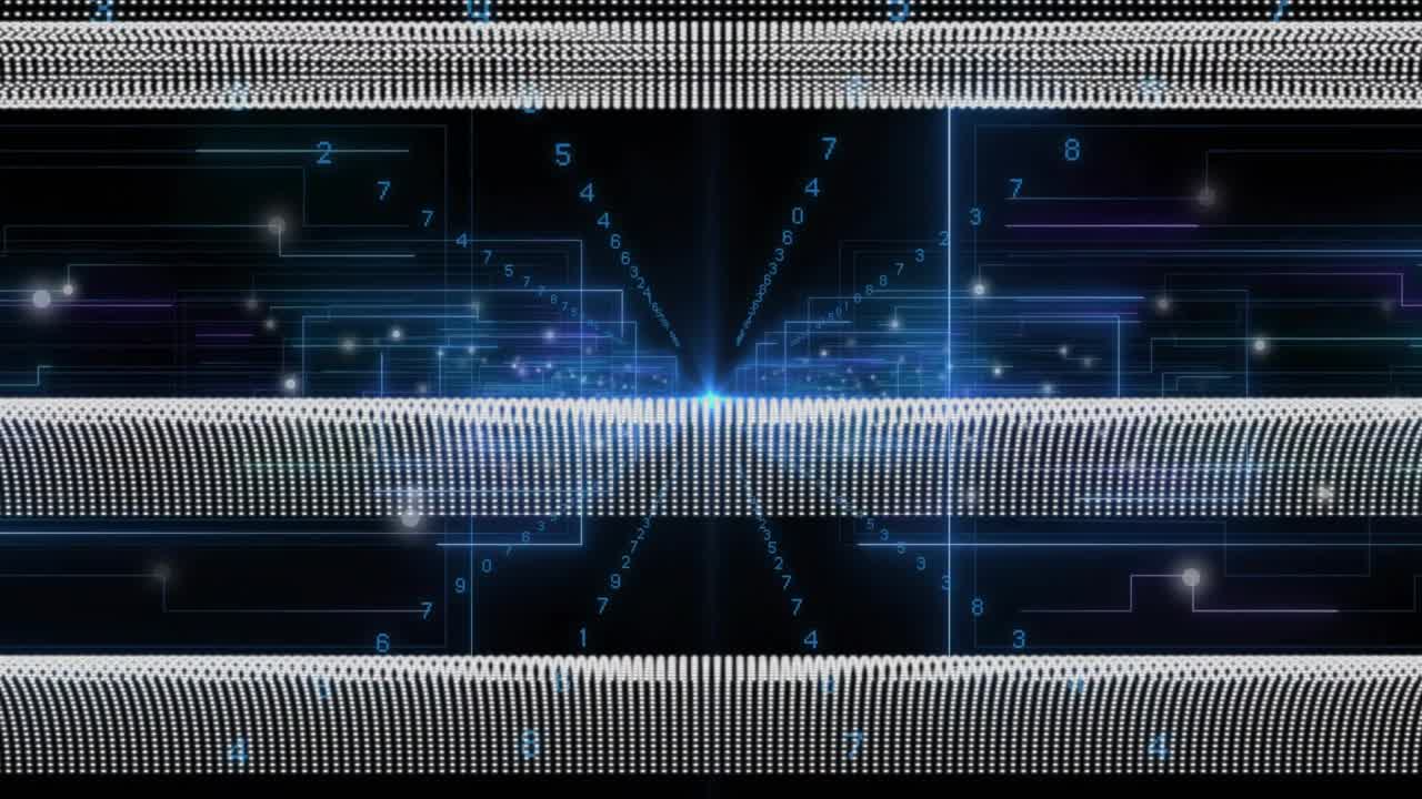 Bright blue flare igniting middle band, sending numeric pulses, neon lines converging for data flow