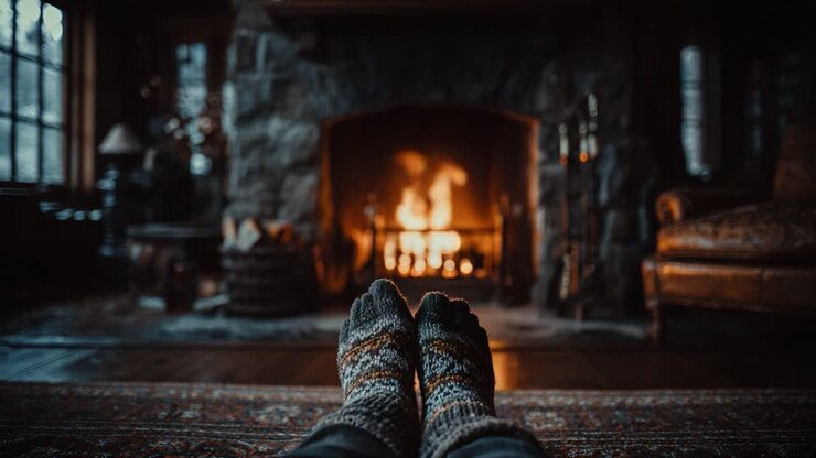 Cozy Winter Evening by the Fireplace: A Warm Scene with Feet in Colorful Socks, Soft Light Shining on a Stone Hearth and Flickering Flames, Perfect for Relaxation