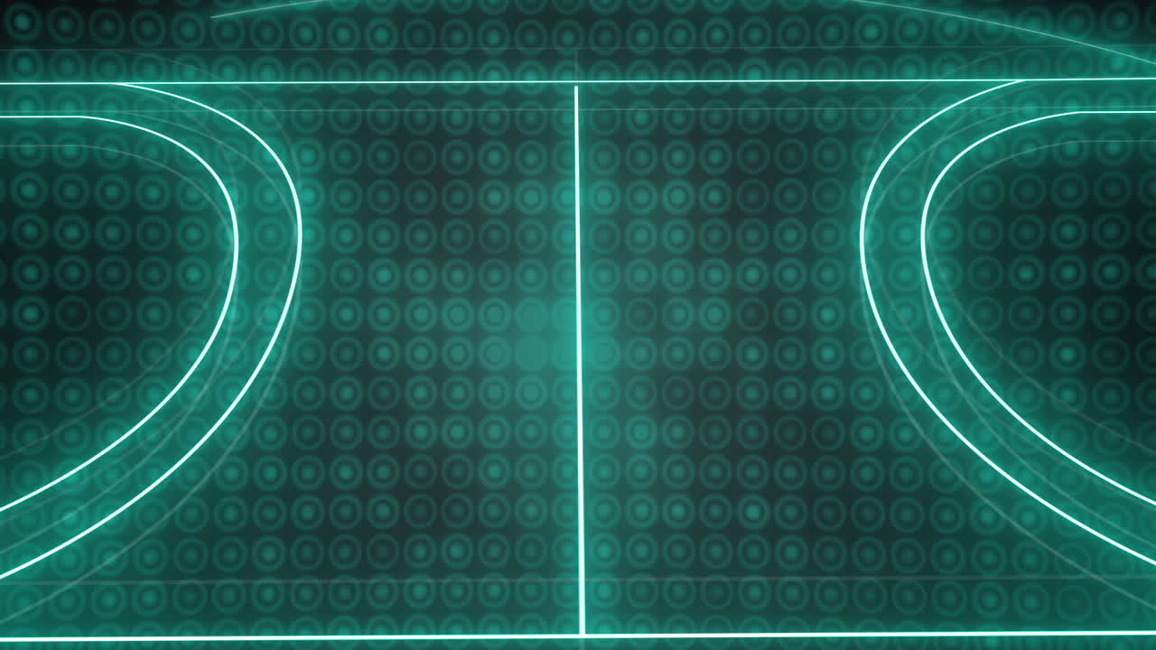 초록색 네온 스포츠 경기장의 애니메이션이 검은색 배경에 줄지어 있는 원 위에 있습니다.