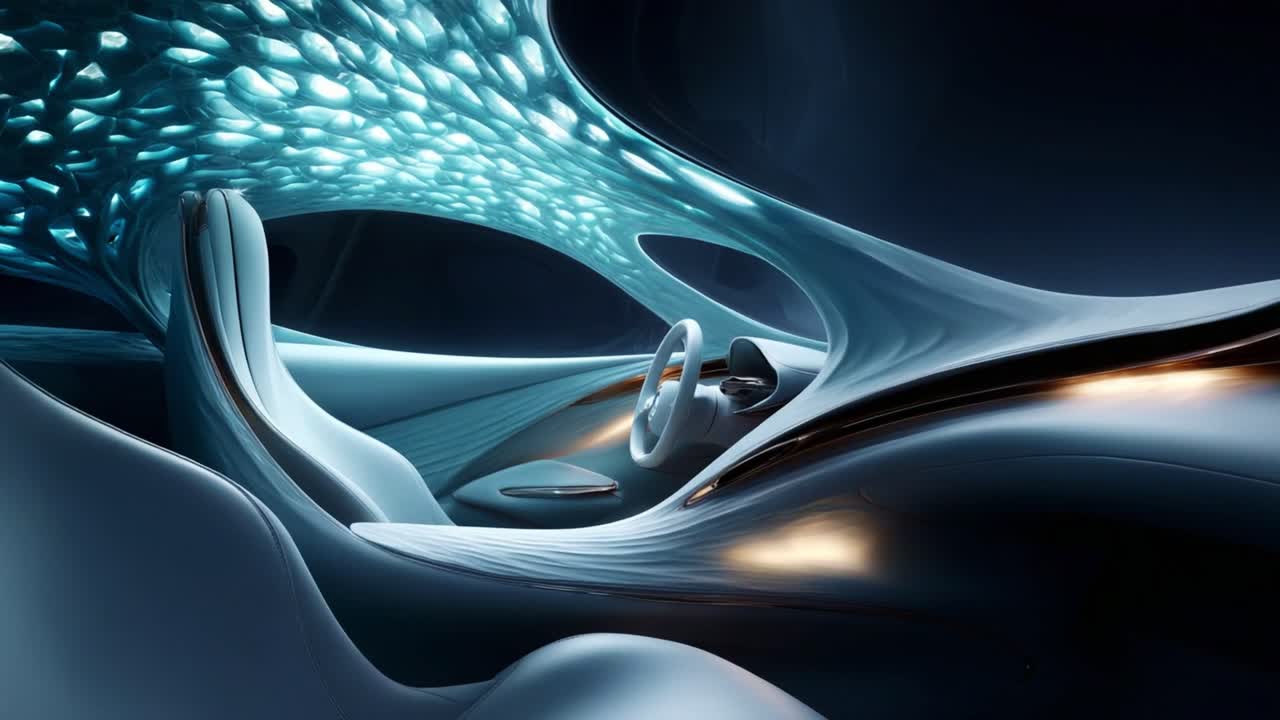 Futuristic Car Interior Design Featuring Fluid Forms and Innovative Technology in a Sleek Blue and White Color Palette, Showcasing a Vision of Next-Gen Automotive Aesthetics
