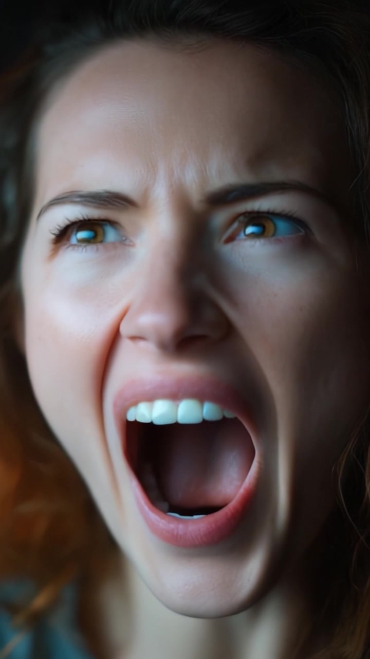 Intensa espressione di rabbia: una donna che urla con emozione appassionata, catturata in un'immagine ravvicinata, evidenziando sentimenti crudi e una reazione senza filtri.