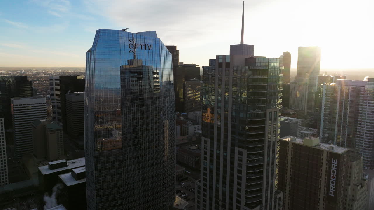 Drone view of Denver’s architecture at dawn
