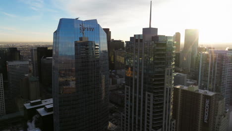 drone view of denver’s architecture at dawn