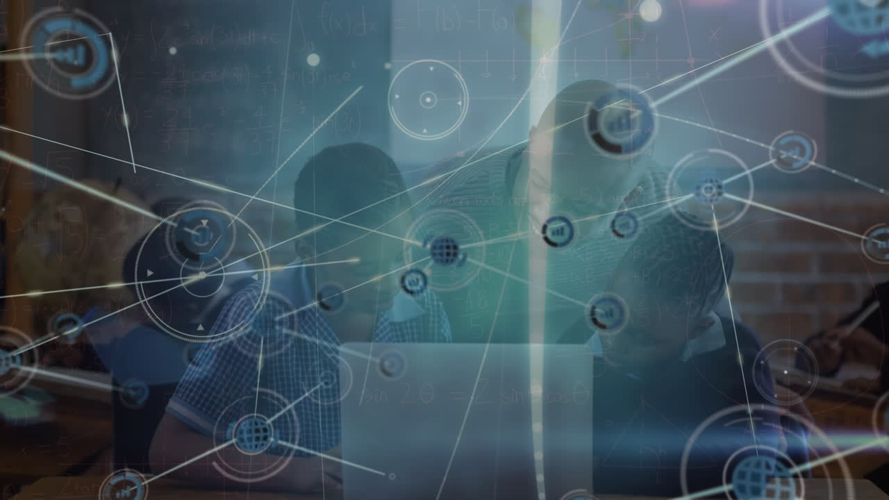 다양한 학교 학생과 교사에 대한 연결 네트워크와 빛의 경로의 애니메이션