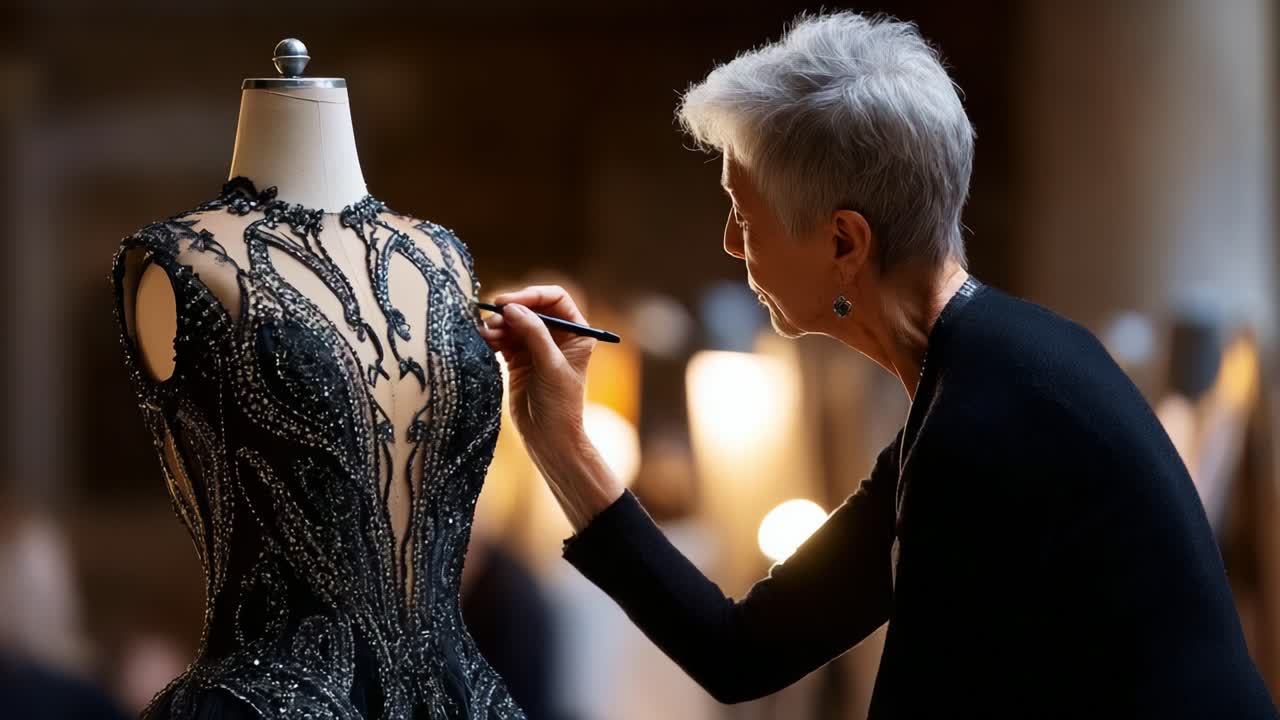 Artistry in Motion: A Skilled Artisan Enhances a Stunning Black Dress with Intricate Details and Beading, Showcasing Fashion Creativity and Craftsmanship in a Luminous Atmosphere