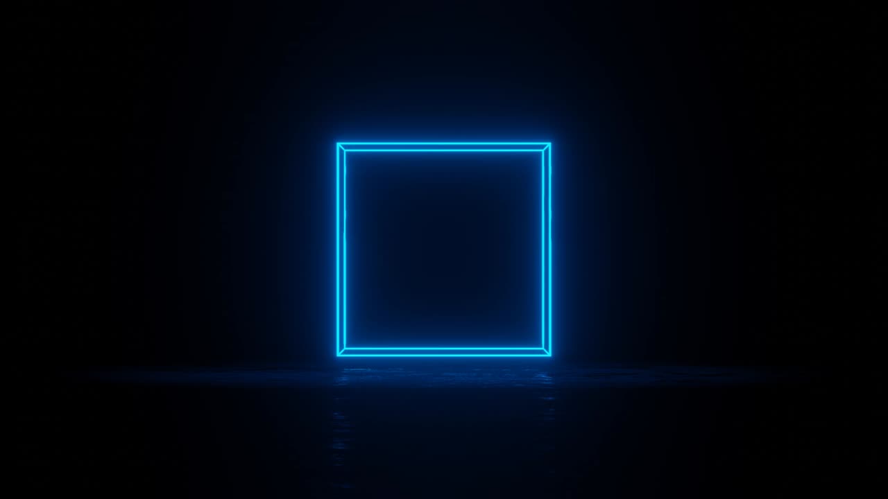 빛나는 푸른 네온 가장자리를 가진 큐브는 어두운 공간에서 회전합니다. 간단한 원활한 모션 그래픽 애니메이션 배경