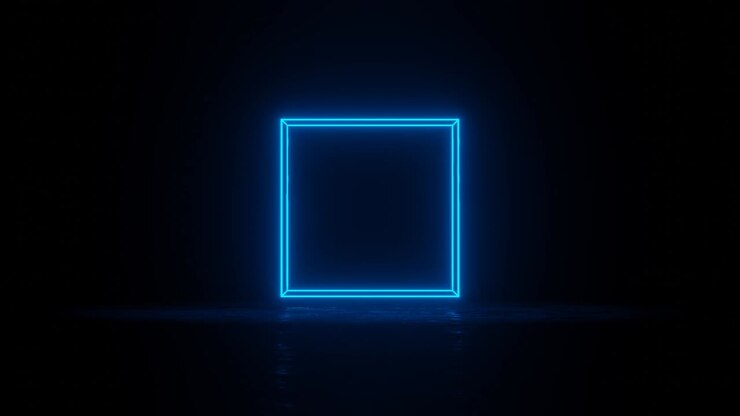Cube with glowing blue neon edges rotates in dark space. Simple seamless motion graphic animated background
