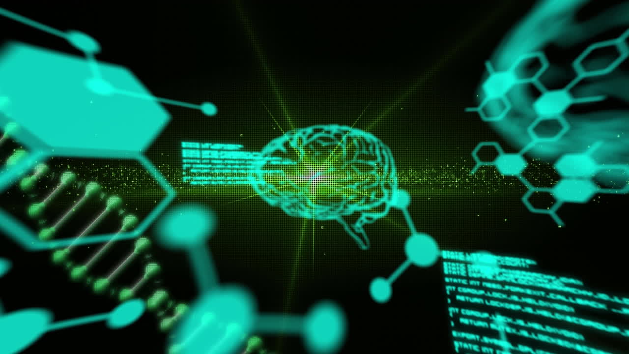 Animation of dna strand spinning, human brains and data processing