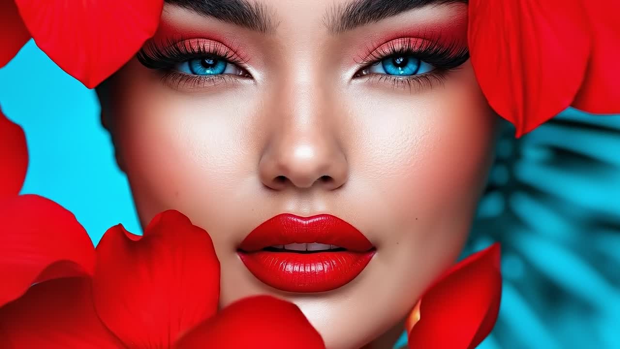 A woman with red lipstick and blue eyes surrounded by red flowers