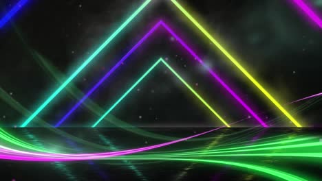 Animation-Eines-Tunnels-Aus-Neonleuchtenden-Geometrischen-Dreiecken,-Die-Sich-Auf-Schwarzem-Hintergrund-Bewegen