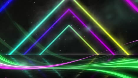 animation of a tunnel of neon glowing geometric triangle moving on black background