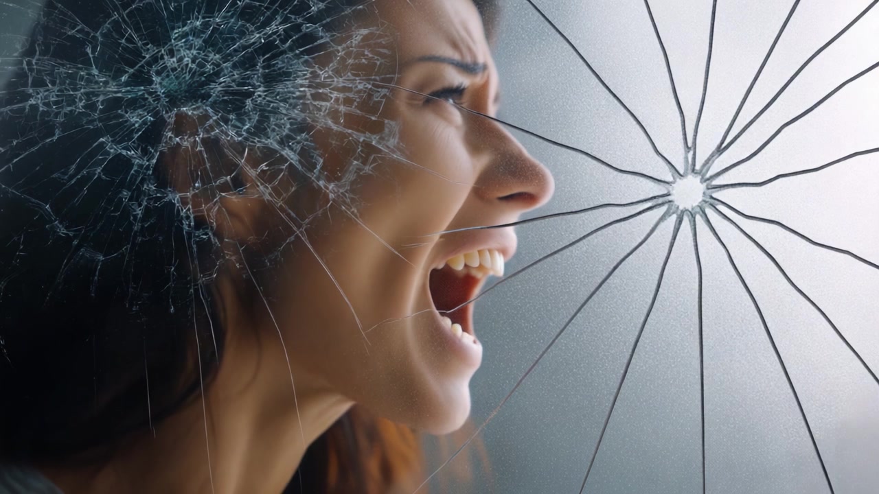 Una donna che esprime un'emozione intensa, incorniciata contro una finestra di vetro frantumato, che illustra la complessità del tumulto interiore e del dolore attraverso metafore visive
