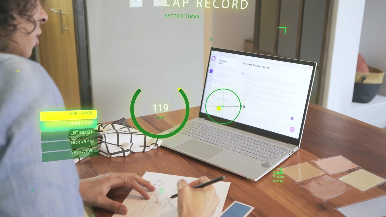 Designer non binario che gesticola verso un laptop, disegnando con uno stilo mentre un HUD AR mostra il tempo del GIRO RECORD.