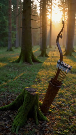 bow and arrows in a forest at sunrise/sunset