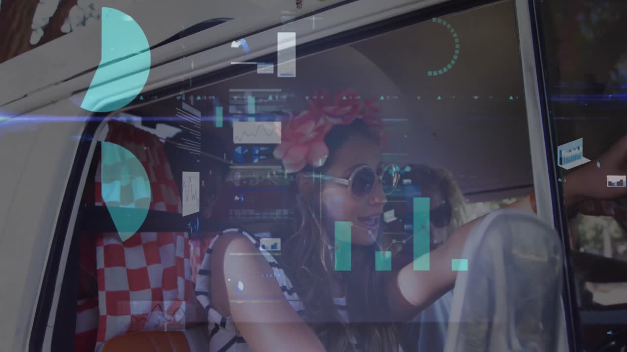 Animation of digital data processing over two caucasian people in car