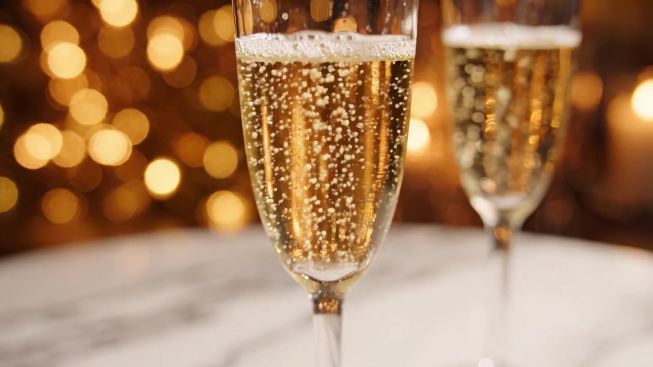 Elegante celebrazione con calici di champagne scintillanti su uno sfondo dorato sfocato, perfetto per occasioni festive e momenti speciali
