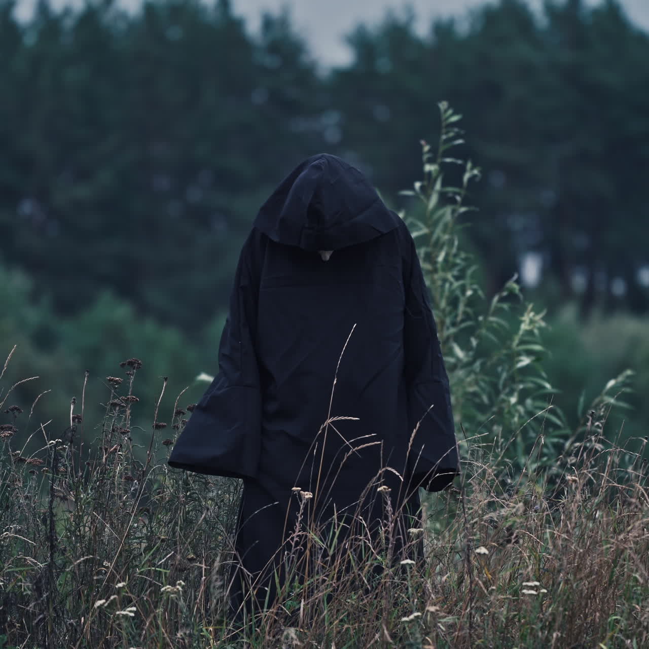 Black death with outstretched arms outdoors. Dark figure in black Halloween costume standing on the blur trees background. Horror concept.