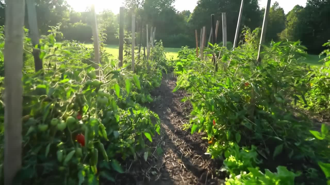 A Lush Vegetable Garden Pathway in Bright Sunlight Showcasing Vibrant Green Plants and Rows of Tomatoes and Lettuce Flourishing in a Beautiful Outdoor Setting