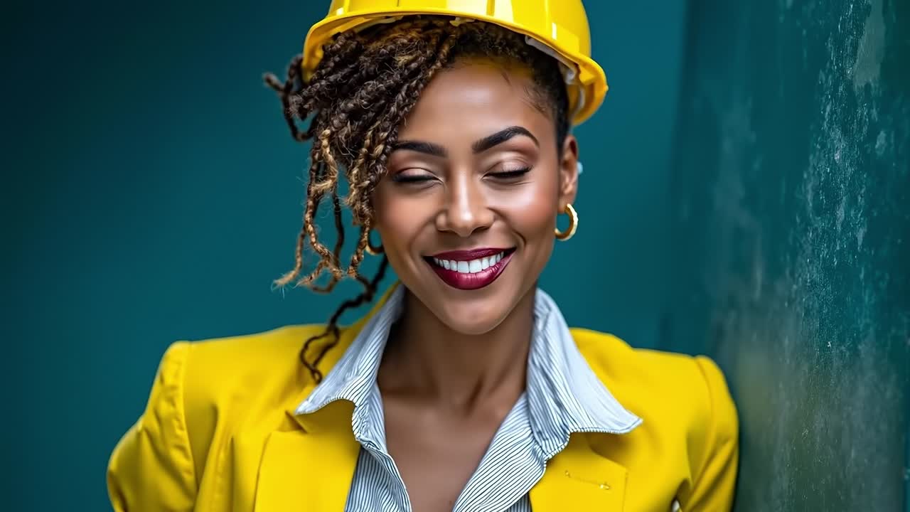Una donna con un cappello giallo appoggiata a un muro