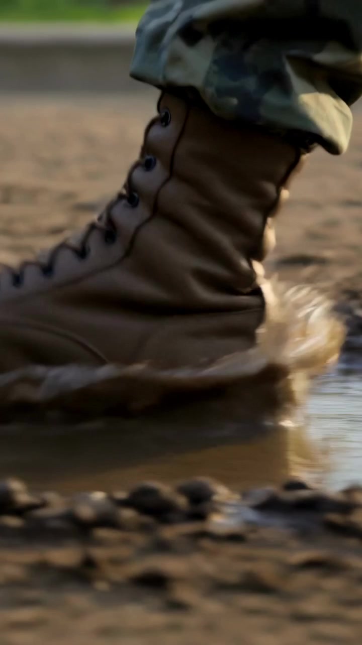 Vertikales Video: Ein beiger Kampfstiefel in Camouflage-Hose tritt auf und spritzt eine Pfütze auf, nach Gewichtsverlagerung auf dem Weg.