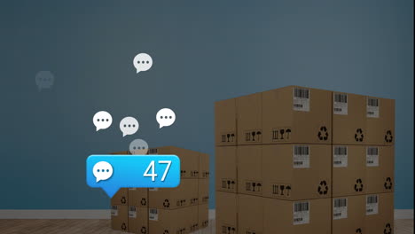 Animation-of-social-media-notification-and-message-icons-over-stacked-cardboard-boxes