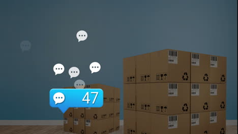 animación de las notificaciones de las redes sociales y los iconos de los mensajes sobre cajas de cartón apiladas