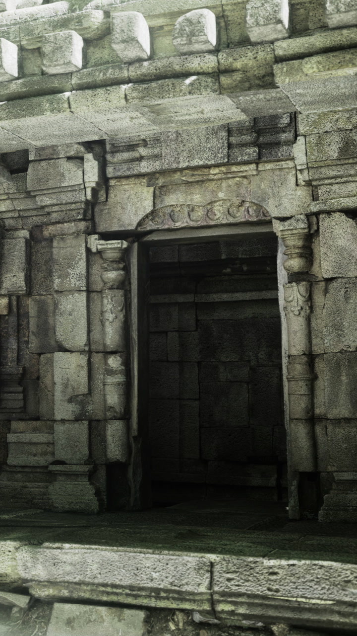 Ancient stone temple ruins with intricate carvings at dusk
