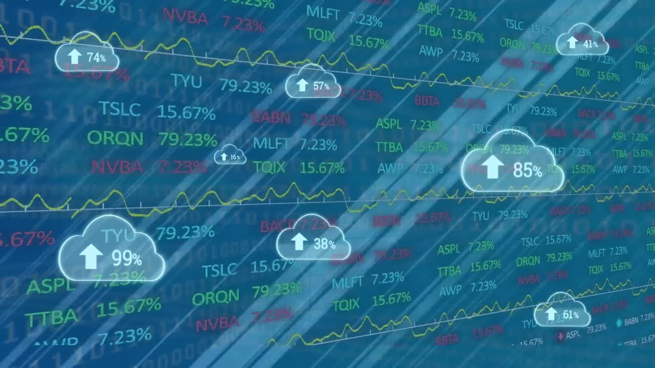 파란색 배경 위에 퍼센트와 데이터 처리가 있는 구름 애니메이션