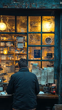 cozy corner of a vintage cafe with a person working quietly