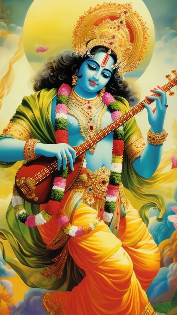 Lord Krishna che suona la Veena in un'ambientazione divina e celeste