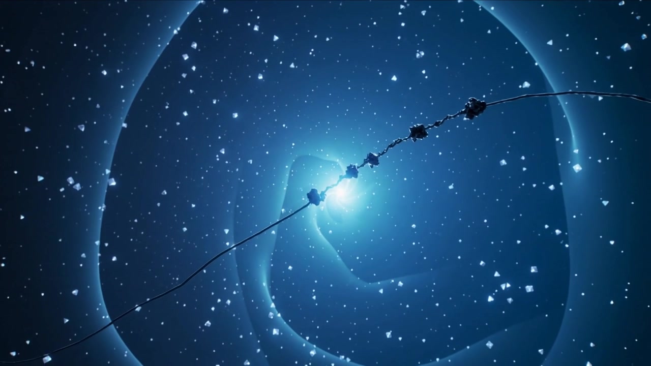 Cavo curvo con nodi che si muove verso un nucleo luminoso in una spirale blu mentre la telecamera si muove, fiocchi che fluttuano