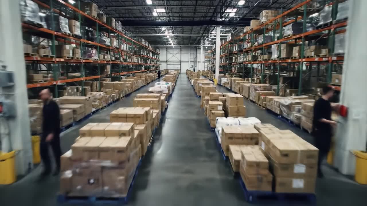Workers navigate through a spacious warehouse filled with neatly stacked boxes. The area showcases systematic inventory placement and orderly workflow during busy hours.